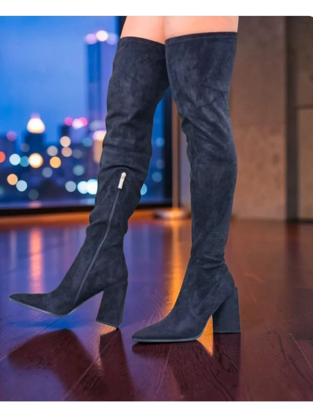 Over-The-Knee Black Faux Suede Heeled Boots With Side Zipper & Pointed Toe Women